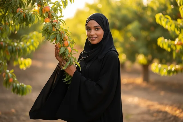 امرأة عربية بالعباءة السوداء في بستان الخوخ وقت الغروب