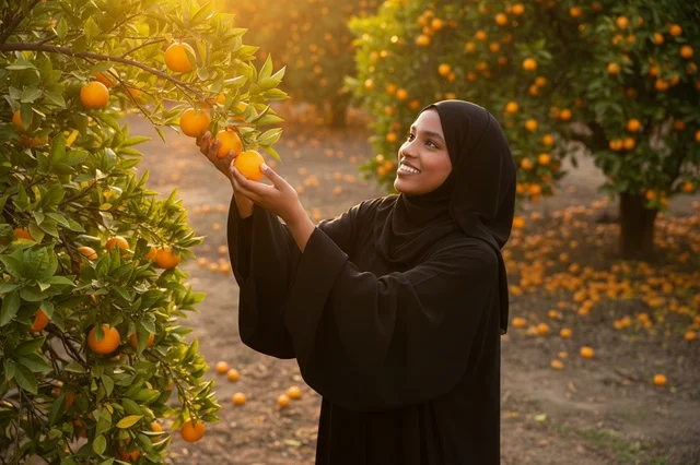 An African woman in a hijab picking oranges at sunset.
