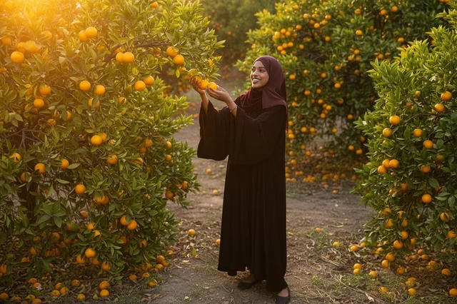 African Woman in Hijab Picking Oranges at Sunset