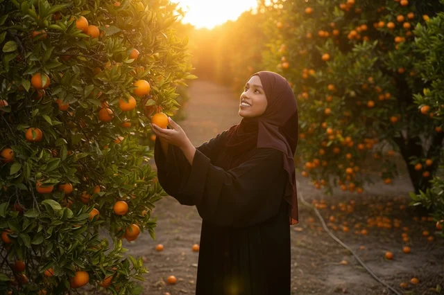 Saudi Woman in Abaya at Orange Orchard Sunset