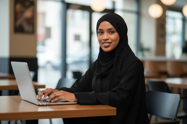 Saudi Woman in Black Abaya Using Laptop in Cafe