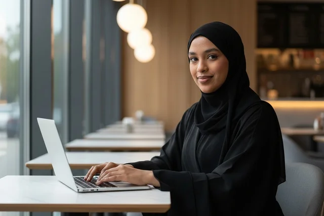 Emirati Woman in Abaya Using Laptop in Cafe