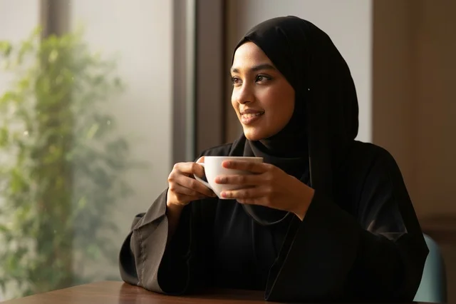 Emirati Woman in Black Abaya Holding Coffee Cup