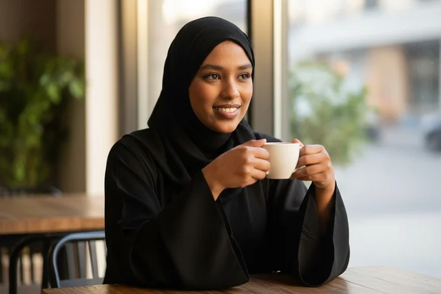 امرأة عربية بالعباءة السوداء تمسك كوب قهوة