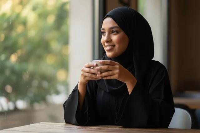 امرأة عربية بالعباءة السوداء تمسك كوب قهوة