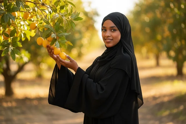 Saudi Woman in Black Abaya Picking Oranges in Orchard