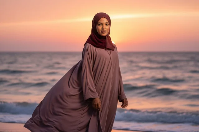 Somali Woman in Abaya on Beach at Sunset