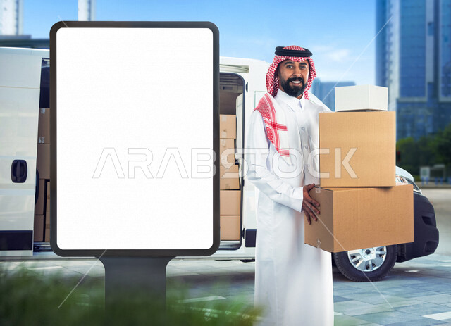 رجل عربي سعودي خليجي يعمل يقوم بتوصيل الطلبات والبضائع للزبائن ، بجانبه لوحة يونيبول إعلانية تجارية مضيئة بيضاء ، تسوق الالكتروني ، طلبات اونلاين ، عروض تسويقية لخدمات طلبات التوصيل ، موك أب لوحة إعلانية 