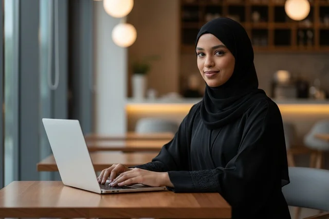 Emirati Woman in Abaya Using Laptop in Modern Cafe