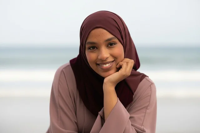 African Muslim Woman in Hijab on Beach Portrait