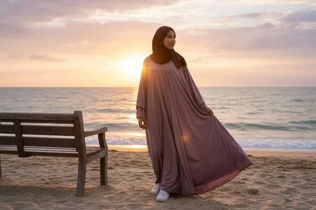 Saudi Woman in Abaya on Beach at Sunset