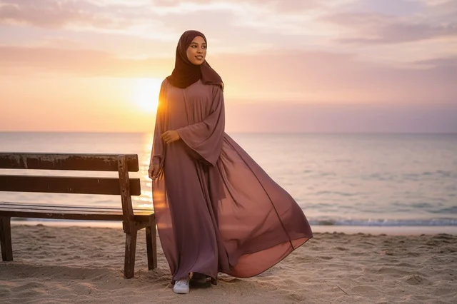 امرأة بعباءة على الشاطئ وقت غروب الشمس