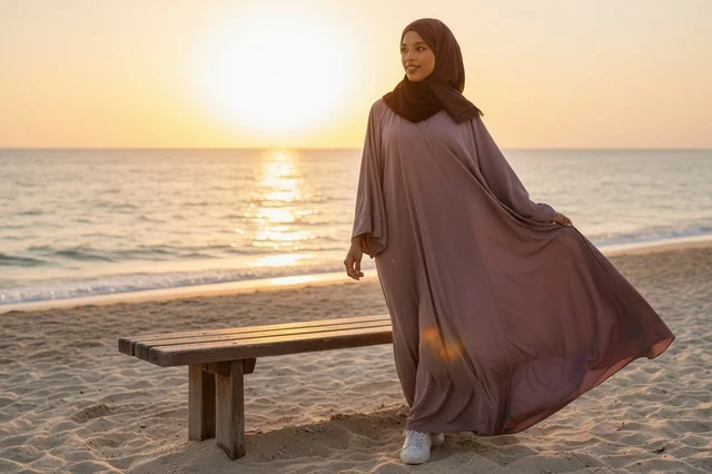Arab Woman in Abaya on Beach at Sunset
