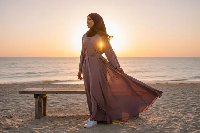 امرأة عربية بالعباءة على الشاطئ وقت الغروب