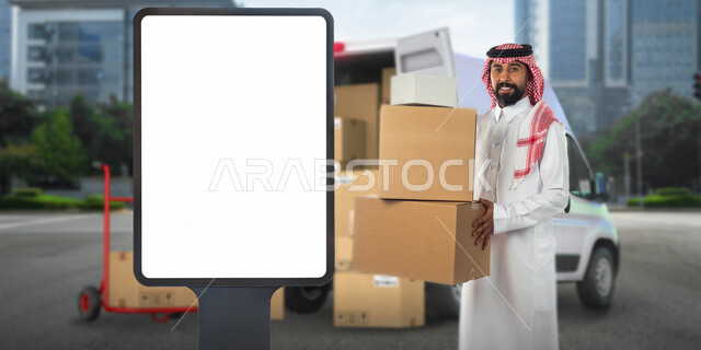 رجل عربي سعودي خليجي يعمل يقوم بتوصيل الطلبات والبضائع للزبائن ، بجانبه لوحة يونيبول إعلانية تجارية مضيئة بيضاء ، تسوق الالكتروني ، طلبات اونلاين ، عروض تسويقية لخدمات طلبات التوصيل ، موك أب لوحة إعلانية 