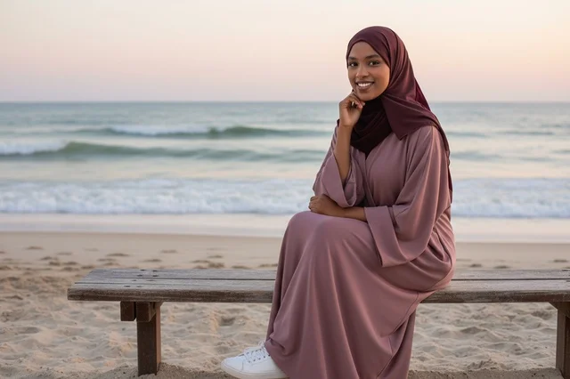 Somali Woman in Abaya on Beach Bench at Sunset