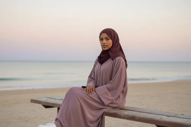 امرأة أفريقية بالعباءة على الشاطئ وقت الغروب