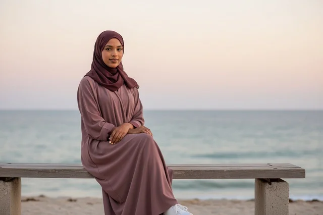 Saudi Woman in Abaya Sitting on Beach at Sunset