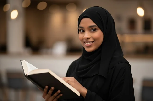 East African Woman in Hijab Holding a Book Indoors