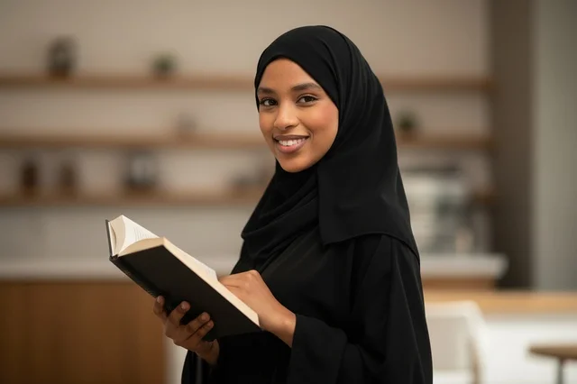 Saudi Woman in Black Abaya Holding a Book