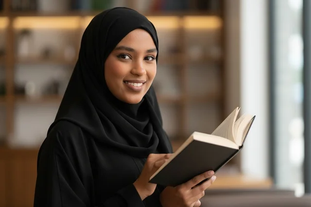 Smiling Saudi Woman Reading Book in Indoor Library Setting