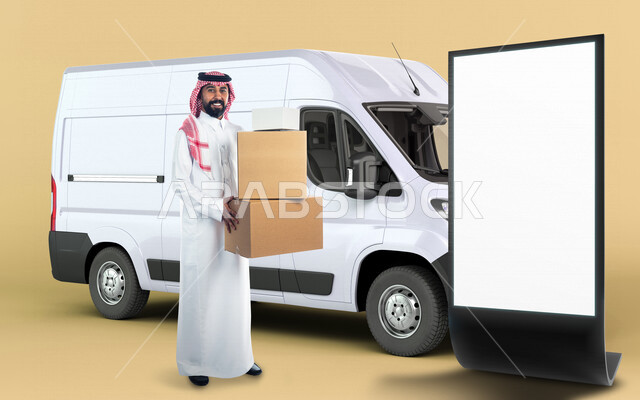 رجل عربي سعودي خليجي يعمل يقوم بتوصيل الطلبات والبضائع للزبائن ، بجانبه لوحة يونيبول إعلانية تجارية مضيئة بيضاء ، تسوق الالكتروني ، طلبات اونلاين ، عروض تسويقية لخدمات طلبات التوصيل ، موك أب لوحة إعلانية 
