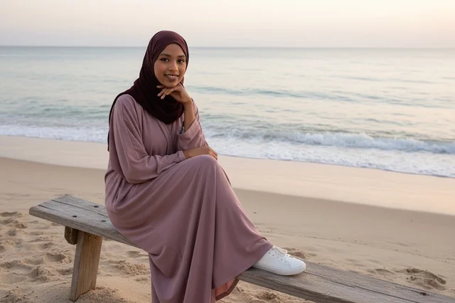 Arab Woman in Mauve Abaya on Beach Bench