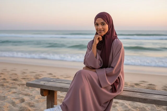 Saudi Woman in Abaya on Beach at Sunset