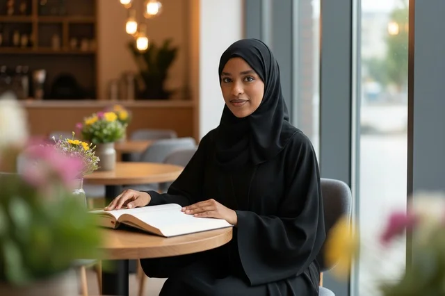 امرأة أفريقية بالعباءة السوداء تقرأ في مقهى