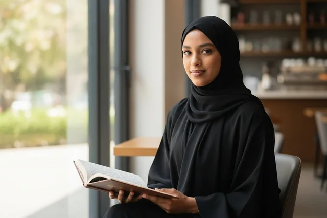 Arab Woman in Black Abaya Reading Book in Cafe