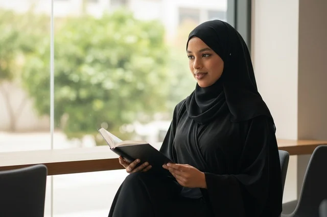 امرأة صومالية بالعباءة السوداء تمسك دفتراً
