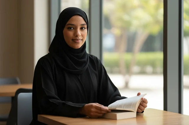 امرأة إماراتية بالعباءة السوداء تقرأ كتاباً في الداخل