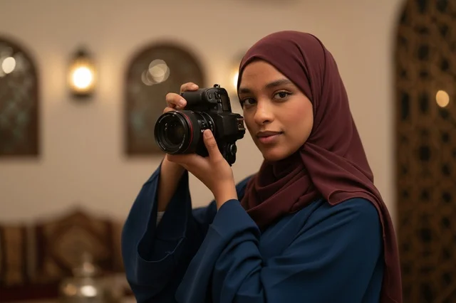 مصورة عربية محجبة تمسك كاميرا احترافية في بيئة تقليدية