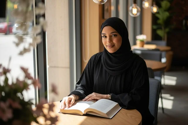 Emirati Woman in Abaya Reading Book at Cafe