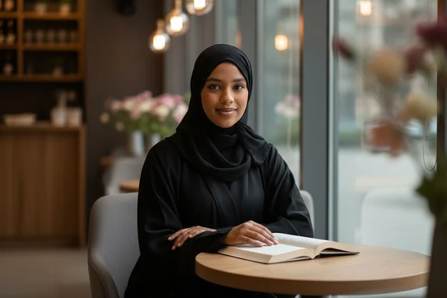 امرأة إماراتية تقرأ كتاباً في مقهى حديث