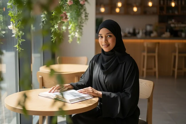 امرأة عربية أفريقية بالعباءة السوداء تقرأ في مقهى