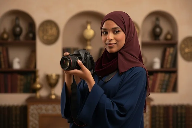 Saudi Female Photographer Holding Professional Camera