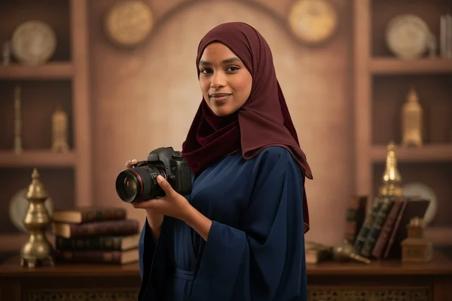 مصورة صومالية تحمل كاميرا احترافية في المكتبة