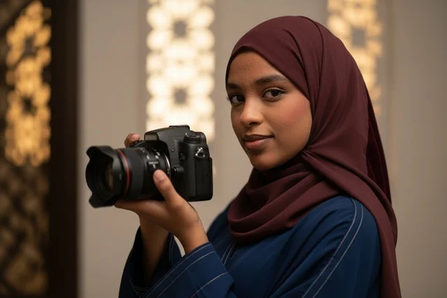 Saudi Woman Photographer Holding DSLR Camera in Abaya