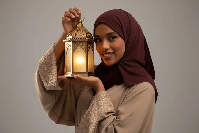امرأة أفريقية بالعباءة تحمل فانوس رمضان