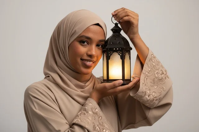 امرأة إماراتية تمسك فانوس رمضان التقليدي