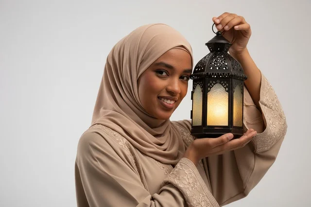 Saudi Woman in Hijab Holding Ramadan Lantern Saudi Woman in Hijab Holding Ramadan Lantern