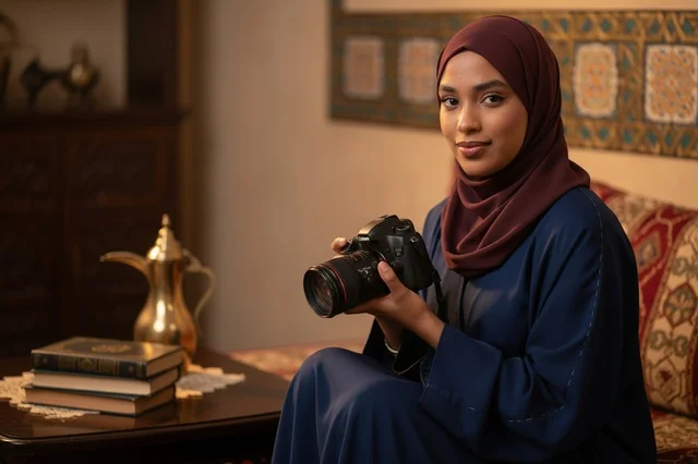 Saudi Woman Photographer with DSLR Camera in Abaya