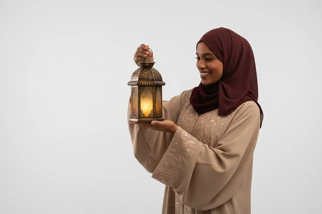 An African woman in an abaya holding a Ramadan lantern.