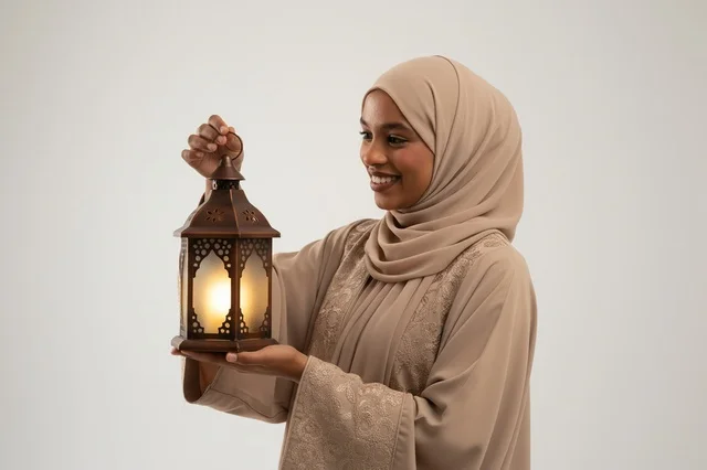 African Woman in Hijab Holding Arabic Ramadan Lantern