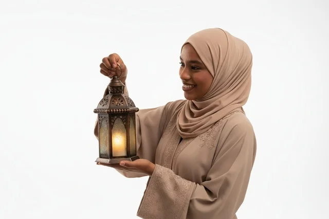 امرأة بعباءة وحجاب تمسك فانوس رمضان التراثي