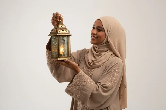 Emirati Woman in Abaya Holding Traditional Ramadan Lantern