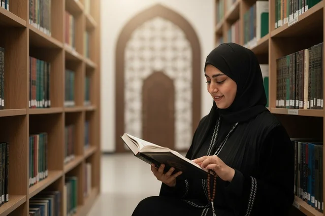 Emirati Woman Wearing Abaya Reading in Islamic Library