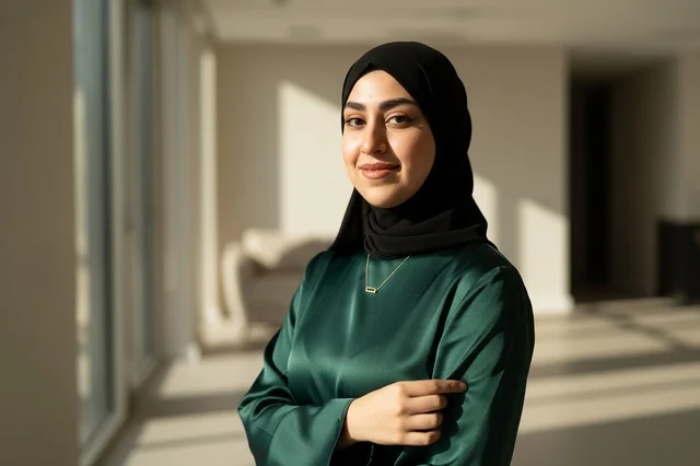 سيدة أعمال إماراتية بالحجاب في مكتب حديث