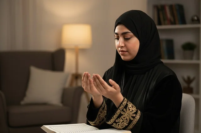 Emirati Woman Praying with Quran in Abaya